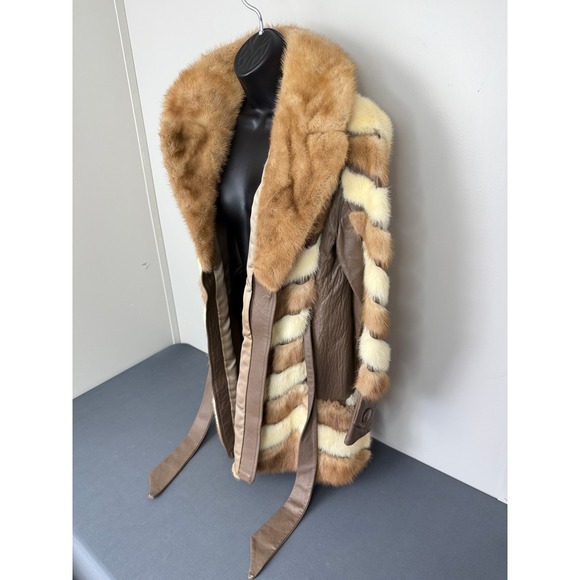 Vintage Goldstein's Fur Leather Coat Women Mink Chevron Belted Brown Cream - Picture 3 of 8